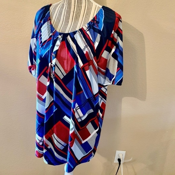 Notations Tunic Top 1X Red White Blue Short Sleeves Buttons Stretchy Boat Neck - Picture 6 of 15